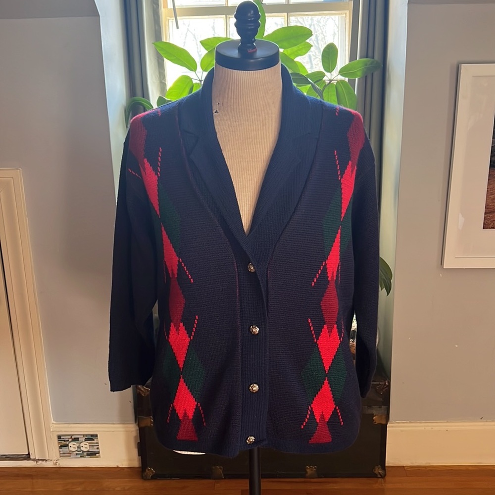 Pitlochry Wool Blend Cardigan Made in Scotland Navy Green Plaid Size Large